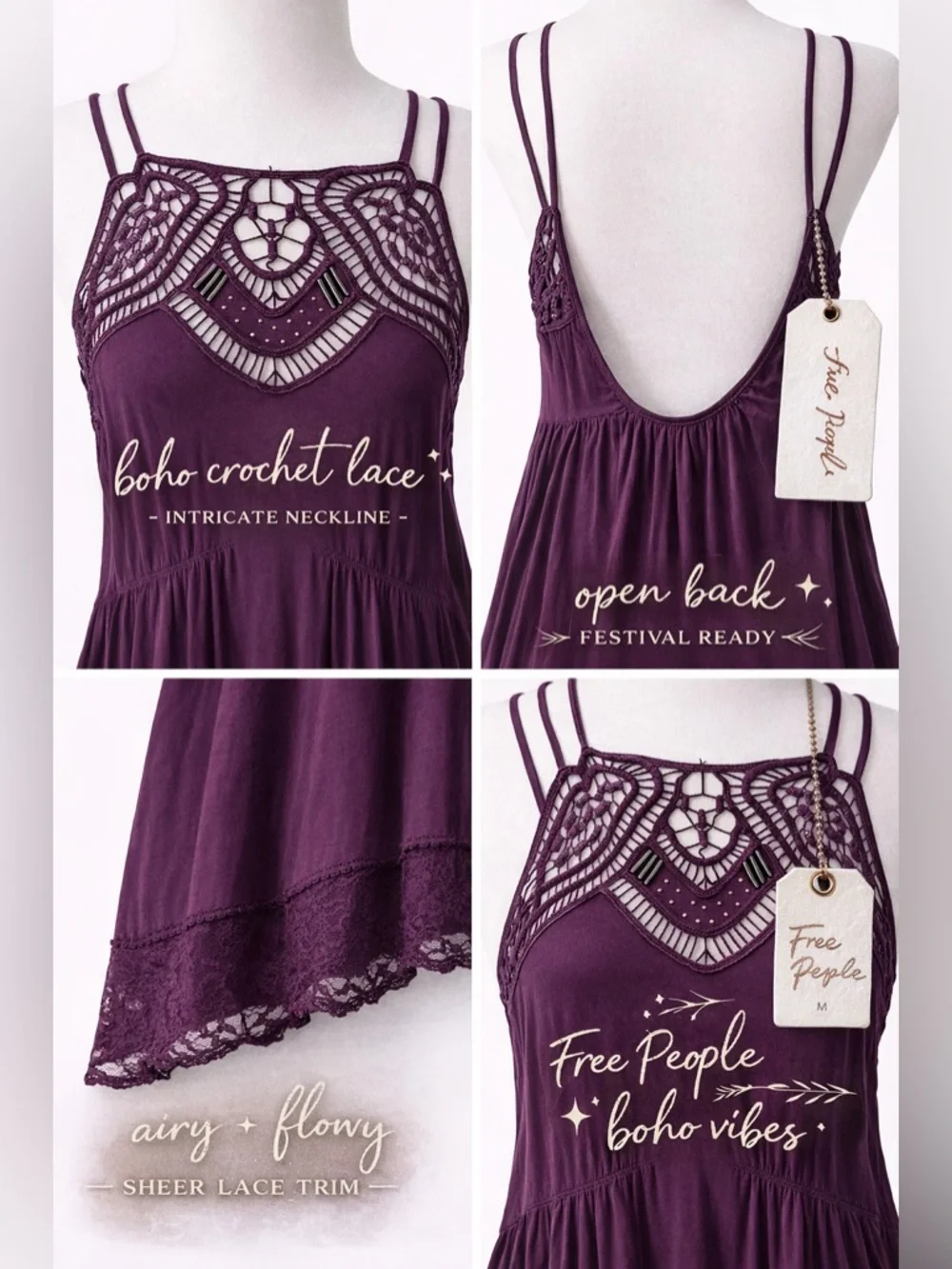 Dangerous Low Back Free People Deep Plum Swing Dress W/ Crochet Neck & Lace Hem - Picture 3 of 9